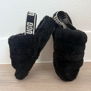UGG Black Plush Slide Sandals with Branded Elastic Strap